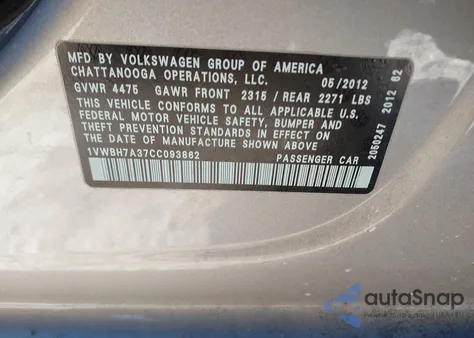 2012 Volkswagen Passat 2.5L Se z USA, uszkodzony, nr VIN 1VWBH7A37CC093862